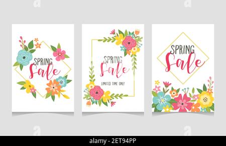 Vendita primavera banner web collezione con bellissimi fiori colorati. Perfetto per le tue promozioni stagionali. Illustrazione vettoriale. Illustrazione Vettoriale