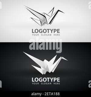 Gru di carta Origami icona o logo in scala di grigi Bird Design. Bianco isolato logo origami astratto poligono icona disegni vettoriale illustrazione stile piatto Illustrazione Vettoriale