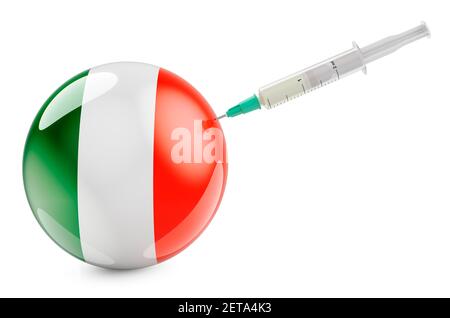 Siringa con bandiera irlandese. Vaccinazioni in Irlanda, rendering 3D isolato su sfondo bianco Foto Stock