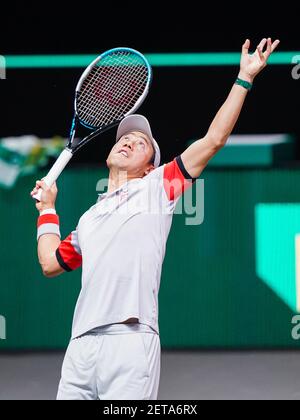 ROTTERDAM, PAESI BASSI - 1 MARZO: Kei Nishikori del Giappone durante il 48e ABN AMRO World Tennis Tournament a Rotterdam Ahoy il 1 marzo 2021 a Rot Foto Stock