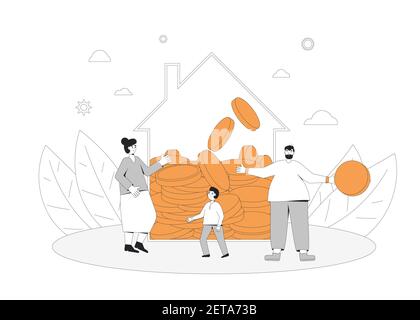 Concetto di budget familiare. I genitori con il bambino risparmiano soldi per comprare una casa. Gestione del denaro. Madre, padre e figlio che pianificano il loro reddito. Linea colore vettore a Illustrazione Vettoriale