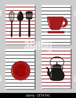 Piatto, tazza, frusta e cucchiaio, teiera su fondo a strisce. Illustrazione Vettoriale