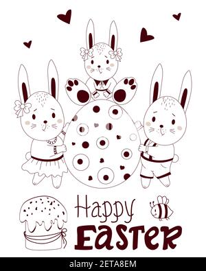 Buona Pasqua - biglietto d'auguri con carini coniglietti di Pasqua. Famiglia - UN ragazzo e una ragazza stanno tenendo un uovo di Pasqua grande con un coniglietto del bambino. Vettore, contorno Illustrazione Vettoriale