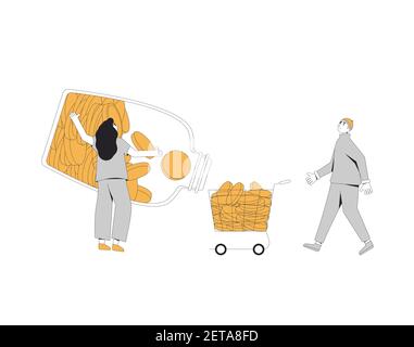 Concetto di spesa. Personaggi con pile di monete. Femmina aperson ha messo i suoi risparmi alla borsa della spesa. Illustrazione grafica a colori vettoriali. Illustrazione Vettoriale