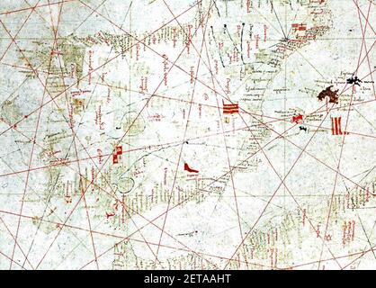 Península Ibérica no portolano de Pizigani (1367). Foto Stock