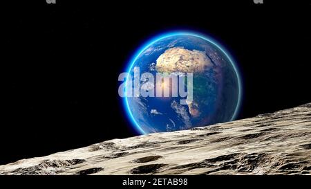 Luna e la Terra vista dallo spazio. La superficie lunare e la massa in background. La Terra vista dalla Luna. Cinquantesimo anniversario dell'atterraggio lunare Foto Stock