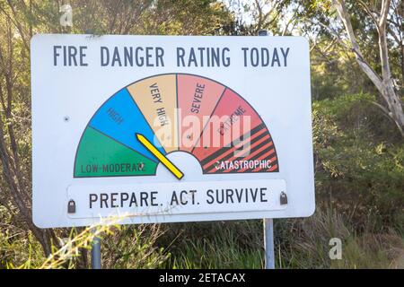 Il cartello di pericolo incendio pubblico per l'Australia indica il rischio di incendio In particolare aree di fuoco cespuglio a Sydney, qui a Ku ring parco nazionale di gai, NSW, Australia Foto Stock