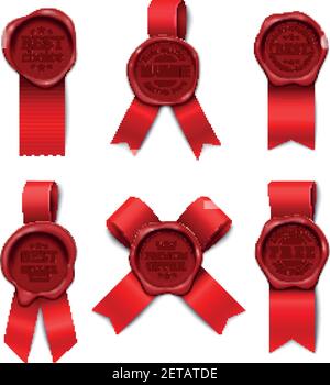 Set di annunci prodotto con stampa a cera con sei immagini isolate con diverse forme del nastro rosso e dell'illustrazione del vettore di sigillatura Illustrazione Vettoriale