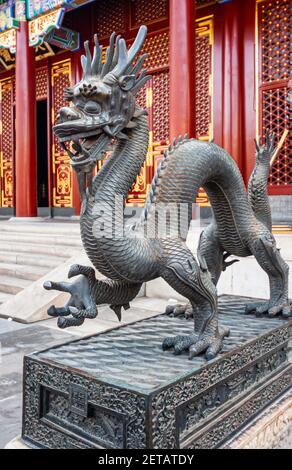 Pechino, Cina - 29 aprile 2010: Palazzo d'estate. Closeup di metallo grigio drago statua di fronte alla Sala Rossa e dorata della memoria e longevità. Foto Stock