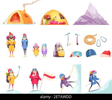 Set di cartoni animati alpinisti con attrezzatura da scalatori abbigliamento tenda casco illustrazione del vettore di montagna della corda degli assi del ghiaccio Illustrazione Vettoriale