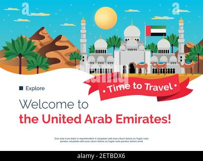 Tempo di viaggiare emirati arabi uniti banner colorato piatto con montagne palme moschea attrazioni turistiche illustrazione vettoriale Illustrazione Vettoriale