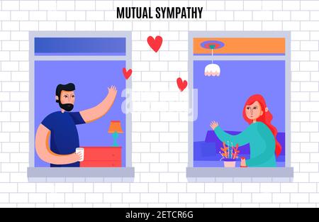 La simpatia reciproca tra l'uomo e la composizione della donna con i vicini che vacillano l'uno dall'altro dall'illustrazione vettoriale di windows Illustrazione Vettoriale