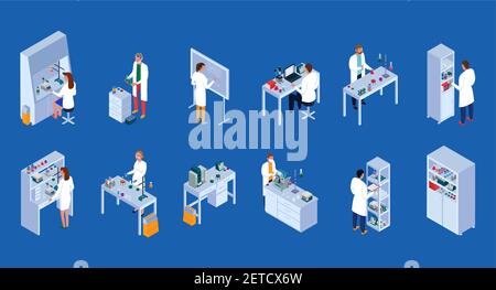 Icone isometriche del laboratorio scientifico impostate con il personale durante l'uso dell'attrezzatura e mobili blu sfondo isolato illustrazione vettoriale Illustrazione Vettoriale