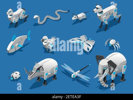 Robot animali icone isometriche insieme con animali da compagnia compagni uccelli automatizzati dragonflies insetti ragno elefante rhinoceros vettore illustrazione Illustrazione Vettoriale