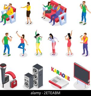Karaoke icone isometriche raccolta di immagini isolate con la gente di partito personaggi mobili altoparlanti e testo vettoriale illustrazione Illustrazione Vettoriale