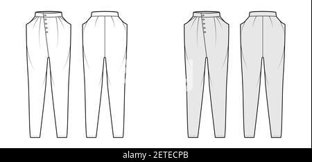 Pantaloni baggy affusolati affusolati illustrazione tecnica di moda con vita normale, alto, tasche a barra, fronte drapping. Modello di abbigliamento a fondo piatto, bianco, grigio. Donne, uomini, unisex CAD mockup Illustrazione Vettoriale