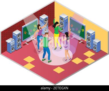 Composizione isometrica karaoke con set tv con illustrazione interna della sala da festa e gruppo di giovani cantanti illustrazione vettoriale canzoni Illustrazione Vettoriale