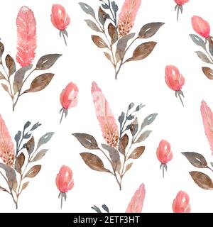 Acquerello motivo senza giunture con boho rosa e marrone piume bohemien, rose fiori foglie. Tribù tribale design tradizionale. Colori neutri ed eleganti per tappezzeria grafica Foto Stock