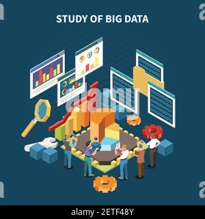 Composizione isometrica dell'analisi dei big data con studio dei big data e statistiche elementi isolati illustrazione vettoriale Illustrazione Vettoriale