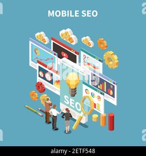 Web SEO isometrica e composizione colorata con descrizione seo mobile e l'illustrazione vettoriale della situazione di riunione di affari o di brainstorming Illustrazione Vettoriale