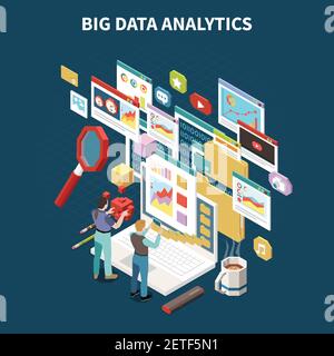 Composizione isometrica colorata per l'analisi dei big data con una rete 3d astratta finestre di archiviazione e applicazioni nell'illustrazione vettoriale air Illustrazione Vettoriale
