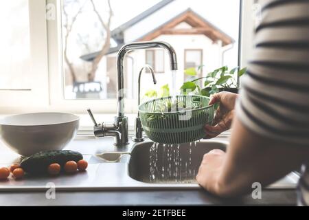 Donna che lava foglie di insalata verde per insalata in cucina in lavandino. Foto di alta qualità