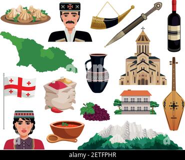 Georgia turismo piatto icone insieme con paese mappa bandiera monumenti punti di riferimento cucina nazionale piatti isolato vettore illustrazione Illustrazione Vettoriale