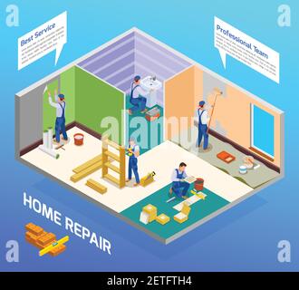 Home riparazione artigianale composizione isometrica con la casa rimodellamento squadra professionale illustrazione del vettore di servizio di installazione di pittura di pavimenti sanitari Illustrazione Vettoriale