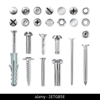 Set di elementi di fissaggio in metallo realistico viti bulloni dadi chiodi isolato su sfondo bianco illustrazione vettoriale Illustrazione Vettoriale