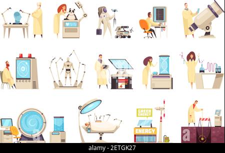 Icone scientifiche con attrezzature moderne e scienziati che lavorano in diversi campi di sviluppo innovativo illustrazione vettoriale isolata Illustrazione Vettoriale