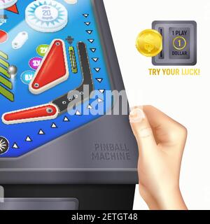 Cartoon colorato flipper scrivania composizione con mano di ragazzo o. ragazza sulla scrivania e l'istruzione provare il vostro vettore fortunato illustrazione Illustrazione Vettoriale