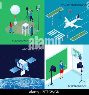 Quattro quadrati di concetto di progettazione meteorologica isometrica centro meteorologico con scientifico stazione meteorologica tv e aviazione meteorologia illustrazione vettoriale Illustrazione Vettoriale