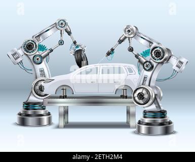 Bracci robotizzati nel processo di produzione di linee di assemblaggio di automobili nel settore automobilistico illustrazione vettoriale dell'immagine closeup di composizione realistica del settore Illustrazione Vettoriale