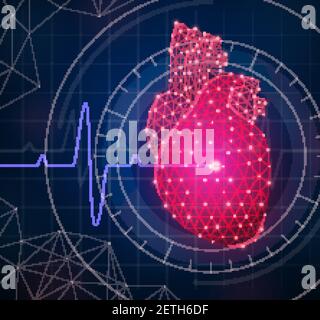 Composizione innovativa della medicina con reticolo poligonale e simboli del cuore realistici illustrazione vettoriale Illustrazione Vettoriale