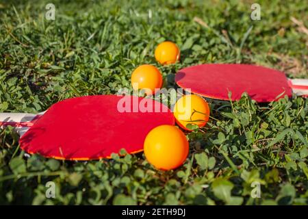 Due racchette rosse e quattro palline da ping pong arancioni giacciono sull'erba verde. Il concetto di giochi sportivi all'aperto Foto Stock