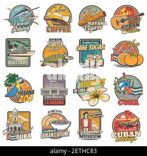 Cuba e l'avana viaggio, attrazioni turistiche e cibo retro icone set. Pesca oceanica, caffè e sigari havana, chitarra classica, gite in barca e tartaruga Illustrazione Vettoriale