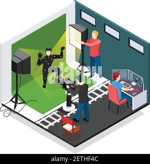 Composizione isometrica per la cattura del movimento cinematografico con illuminatore per videografo attore e. grafico durante l'illustrazione vettoriale del lavoro Illustrazione Vettoriale