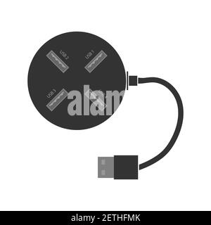 Hub USB rotondo con porte USB, firma della porta e cavo di alimentazione. Uno splitter per un computer o un computer portatile. Illustrazione vettoriale piatta Illustrazione Vettoriale