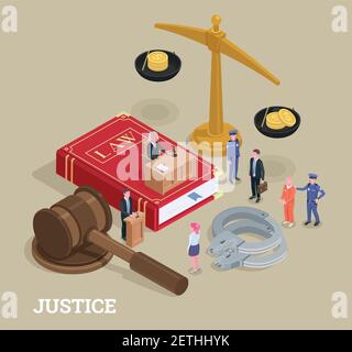 Giustizia giuridica composizione concettuale isometrica con caratteri piccoli e. icone enormi processo di simboli di legge illustrazione vettoriale Illustrazione Vettoriale