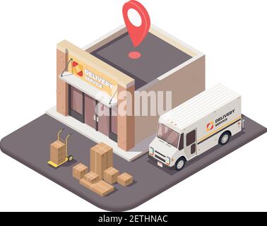 Logistica di consegna spedizione composizione isometrica con visione esterna di logistica azienda ufficio costruzione parcelle e illustrazione vettoriale auto Illustrazione Vettoriale