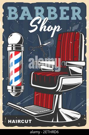 Barbiere negozio poster retrò. Parrucchieri uomo, parrucchieri stilista salone vintage banner. Barbiere sedia classica, utensili e attrezzature per la rasatura, forbici, cl Illustrazione Vettoriale