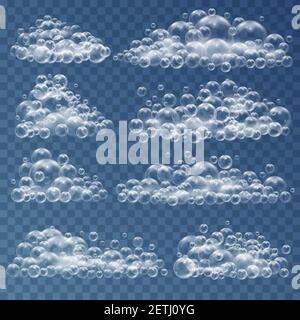 Strisce di bolle di sapone su sfondo trasparente mockup vettoriale realistico. palline 3d di acqua, sapone e shampoo, schiuma da bagno e gel doccia, sfere galleggianti Illustrazione Vettoriale
