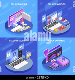Internet banking 4 icone isometriche concetto quadrato con sicurezza del conto visualizzazione vettoriale dei pagamenti online in borsa Illustrazione Vettoriale