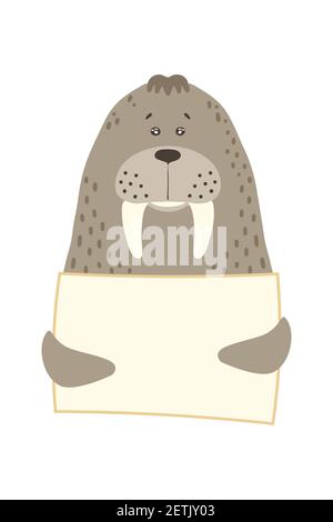 Carino cartone animato animale Waltrus morte mare mucca cavallo di mare tenendo tag segno con spazio copia. Set biglietto di auguri banner invito brochure. Cartoon mano disegnato stile. Piccoli animali domestici con targhetta informativa vuota Illustrazione Vettoriale