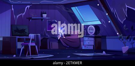 Ragazza fantasma in camera da letto vecchia su attico di notte. Vector cartoon interno della camera mansarda con mobili rotti, disordine e spazzatura. Illustrazione spooky dello spirito del bambino morto in casa abbandonata Illustrazione Vettoriale
