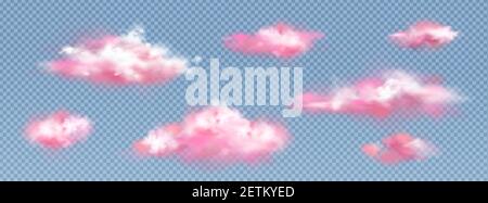 Nuvole rosa realistiche, tramonto o alba fluidità spindrift o cumuli eddies volare isolati su sfondo trasparente, meteo e natura elementi di progettazione, meteorologia e clima 3d vettore icone set Illustrazione Vettoriale