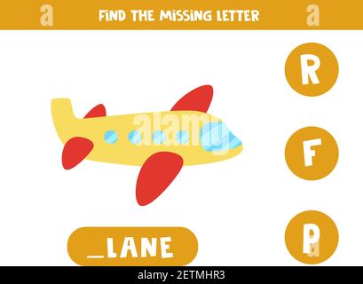 Trova la lettera mancante. Piano cartoon. Gioco educativo di ortografia per i bambini. Illustrazione Vettoriale
