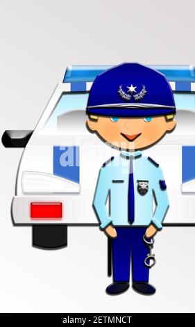 Cartoon di un carino buon poliziotto, con la sua macchina di polizia. Questa illustrazione fa parte di una raccolta di diverse professioni. Foto Stock