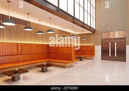 Lobby con ricchi posti a sedere in pelle marrone, grandi pannelli luminosi. Premier Place, City of London, Regno Unito. Architetto: Stiff + Trevillion Architetti, 201 Foto Stock