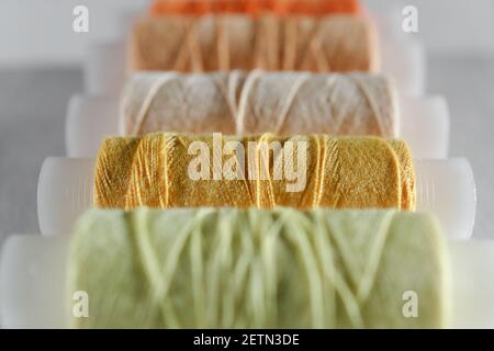 Filettatura gialla. Diverse spire di filo in diverse tonalità di giallo, beige e verde chiaro. Una serie di bobine di filo da cucire su sfondo bianco Foto Stock